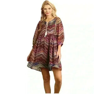 Umgee Boho Babydoll Peasant Tassel V-neck Dress Size M